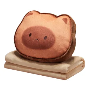 Leuke capybara pluche kussen en zachte flanellen deken 2 in 1 set voor thuis kantoor.