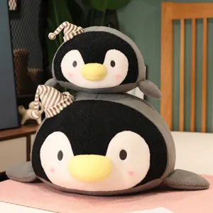 Adorable pingouin en peluche avec bonnet,oreiller doux animal en peluche pour lit de fille.