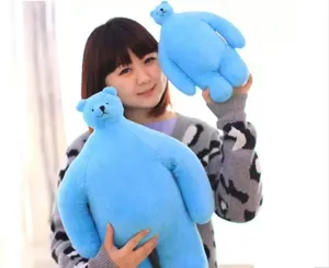 Charming blue funny small head bear plush toy, soft creative meme doll detail view.
