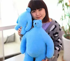 Cute comic style blue plush bear toy with funny small head and big body, soft stuffed animal.