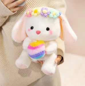 Cute plush bunny toy with colorful floral headband and rainbow ball detail view for gift