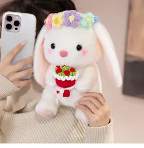 Cute healing plush rabbit toy holding a rose bouquet with flower crown, perfect gift.