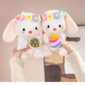 Cute healing rabbit plush toy with flower wreath, soft stuffed animal gift for girlfriend.