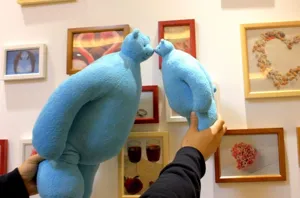 Cute small head blue plush bear toy set, creative soft stuffed doll for home decor.