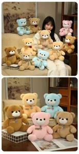Cute sitting teddy bear plush toy detailed view, soft stuffed animal doll gift for girls.