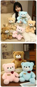 Cute sitting teddy bear plush toy doll with bow or rose, soft stuffed animal gift for kids.