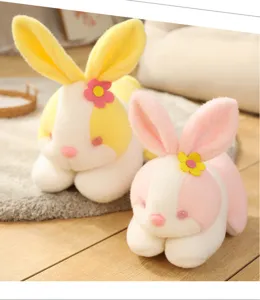 Cute plush bunny toy detail shot, soft stuffed rabbit doll with lovely flower decor, cozy home scene.