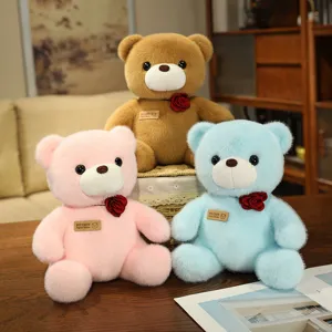 Cute Sitting Teddy Bear Plush Toy Stuffed Animal Doll With Rose Necklace Bowtie Valentine Day Gift For Girls