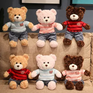Cute plush teddy bear toy set with striped sweater soft doll for kids sleeping companion