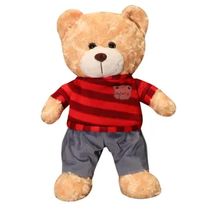 Cute plush teddy bear toy with red striped sweater and gray pants, soft doll for kids sleeping.