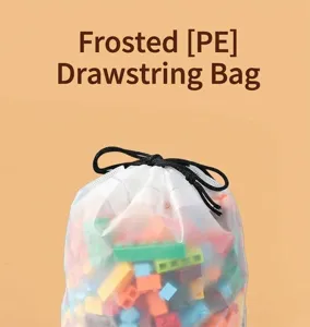 Frosted PE plastic drawstring storage bag detail shot showing colorful toy building blocks inside.