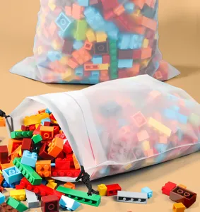 Frosted translucent toy storage bag with drawstring, large capacity plastic organizer for blocks.