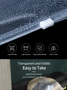 Close up detail of PEVA transparent frosted zipper shoe bag showing waterproof surface.