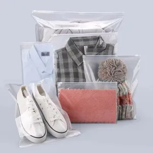 Transparent PE storage bag detail showing zipper closure and neat organization of items.