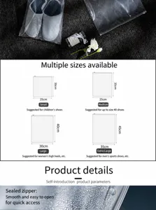 Detailed view of the clear PEVA shoe storage bag with smooth zipper and size options.