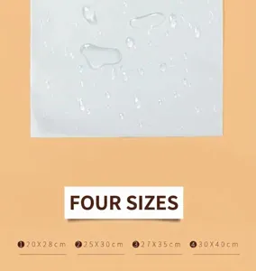 Frosted waterproof storage bag detail showing water repellent surface and multiple size options.