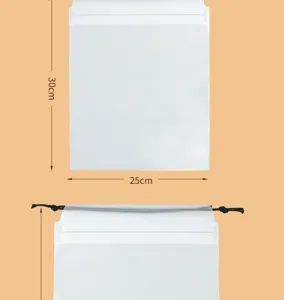 White frosted plastic drawstring toy storage bag with secure black cords for neat room organization.