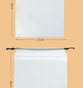 White frosted plastic drawstring toy storage bag with black cord, large capacity size show