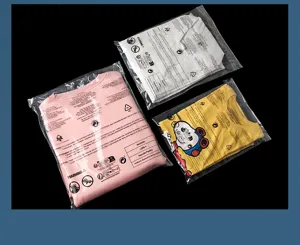 Transparent PE self-sealing packaging bags with multi-language suffocation warnings for apparel.