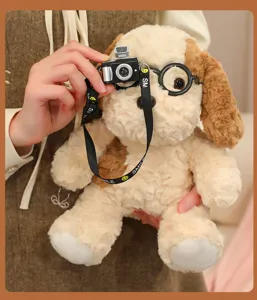 Cute plush toy dog with mini camera and glasses, perfect gift and travel companion for kids.