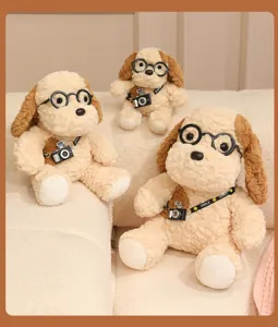 Cute plush dog toy with camera and glasses soft stuffed puppy doll gift for kids