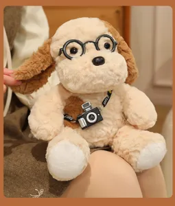 Cute plush toy dog wearing glasses and mini camera detail shot, soft stuffed animal gift.