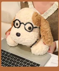 Cute puppy plush toy with glasses soft stuffed animal doll gift for kids students cozy decor.