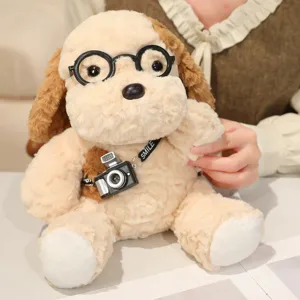 Cute Puppy Plush Toy Stuffed Animal Camera Dog Doll Soft Toy with Glasses and Camera Pendant Kids Gift