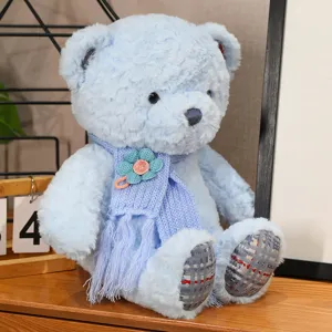 Large blue teddy bear plush toy with knitted flower scarf cute stuffed animal pillow gift