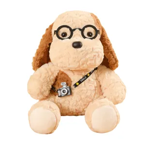 Cute plush dog toy with glasses and mini camera, soft stuffed animal doll for kids gift.
