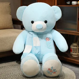 Grande orsacchiotto di peluche blu con sciarpa e ricamo di rose regalo per ragazze