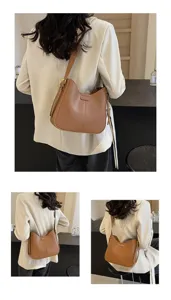 Women brown shoulder bag minimalist bucket bag stylish wide strap crossbody bag daily chic