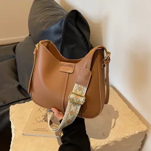 Korean style brown shoulder bucket bag, vintage wide strap casual crossbody bag for women.