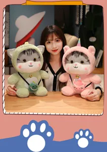 Cute cat plush toy with dinosaur and unicorn costume, soft stuffed animal gift for kids.