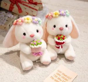 Cute plush bunny toy with floral crown holding crochet bouquet detail shot, soft and healing.