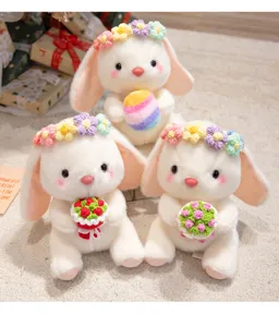 Cute plush rabbit toy holding flower bouquet soft stuffed animal gift for girlfriend and kids.