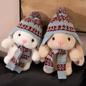 Lindo conejo de peluche con gorro y bufanda de punto, suave juguete de compañía para niños.