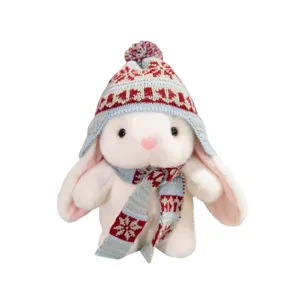 Lindo conejo de peluche con gorro y bufanda de diseño navideño de copos de nieve, juguete suave.