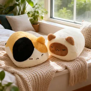 Cute cat plush pillow, soft bread cat stuffed toy, cozy calico kitty cushion for home decor.