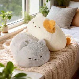 Cute cat plush pillow soft stuffed animal toy loaf kitten cushion for home decor and kids.