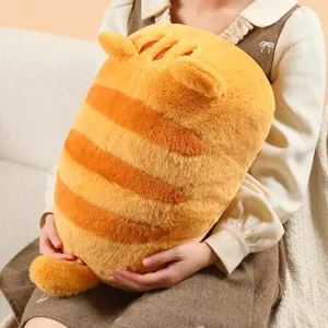Cute orange striped cat plush dumpling pillow, soft stuffed animal toy for kids and home decor.