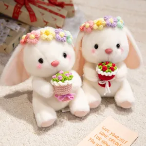 Cute plush bunny toy holding rose flowers soft stuffed animal gift for girlfriend romantic