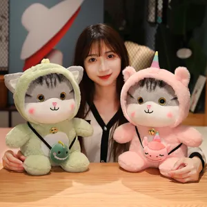 Cute cat plush toy with dinosaur and unicorn hoodie costume, soft stuffed animal gift for kids.