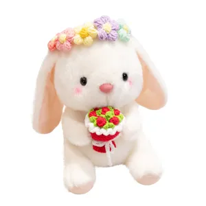 Cute plush rabbit toy with floral crown and rose bouquet, soft stuffed animal gift for girls.