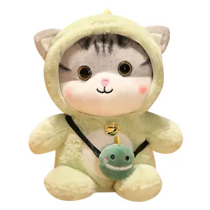 Cute green dinosaur cat plush toy, soft stuffed animal doll with mini bag for kids gifts