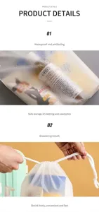 Primer plano detallado de la bolsa con cordón translúcida esmerilada impermeable.
