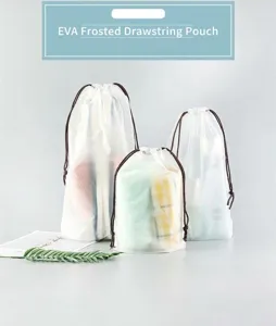 Detailed view of frosted EVA drawstring storage bags, semi-transparent and dustproof.