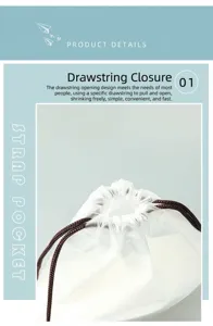 Frosted PE drawstring bag detail showing the adjustable brown cord closure for storage.