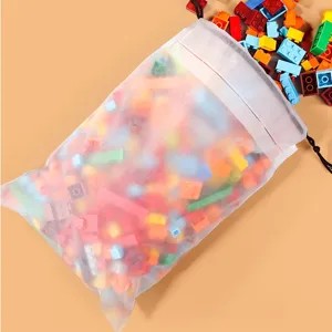 Frosted plastic toy storage bag with drawstring, large capacity pouch for building blocks.