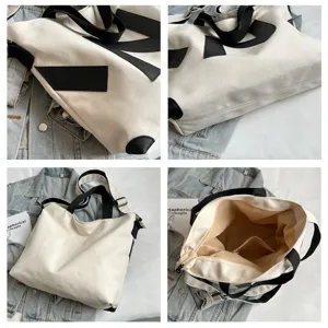 Canvas tote bag detail view, large capacity shoulder bag strap and interior pocket.